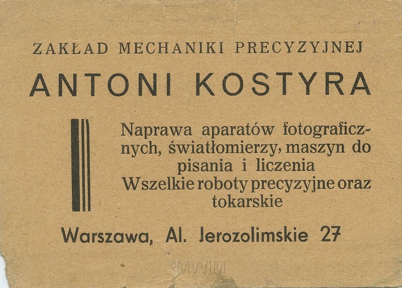 KKE 5525.jpg - Dok. Wizytówka Zakładu Mechaniki Precyzyjnej Antoniego Kostyra, Warszawa, 22 XII 1945 r.